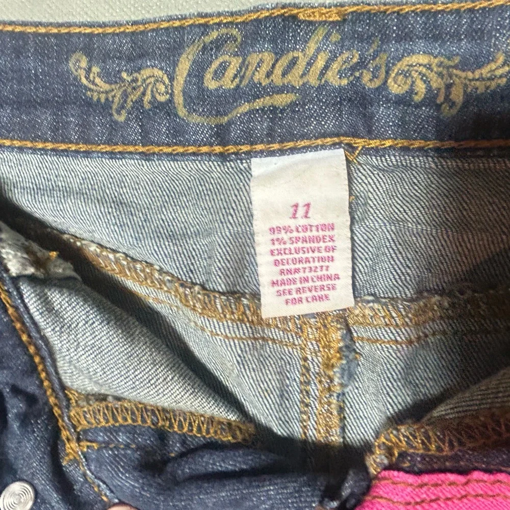 Vintage Candie's Dark Blue Distressed Denim Mini Skirt Y2K Dark Wash Frayed Hem - Picture 3 of 6